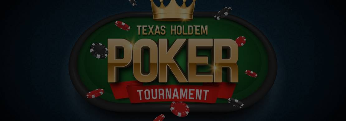 a picture of the words Texas Holdem Poker Tournament with chips and a crown on a background of a poker table